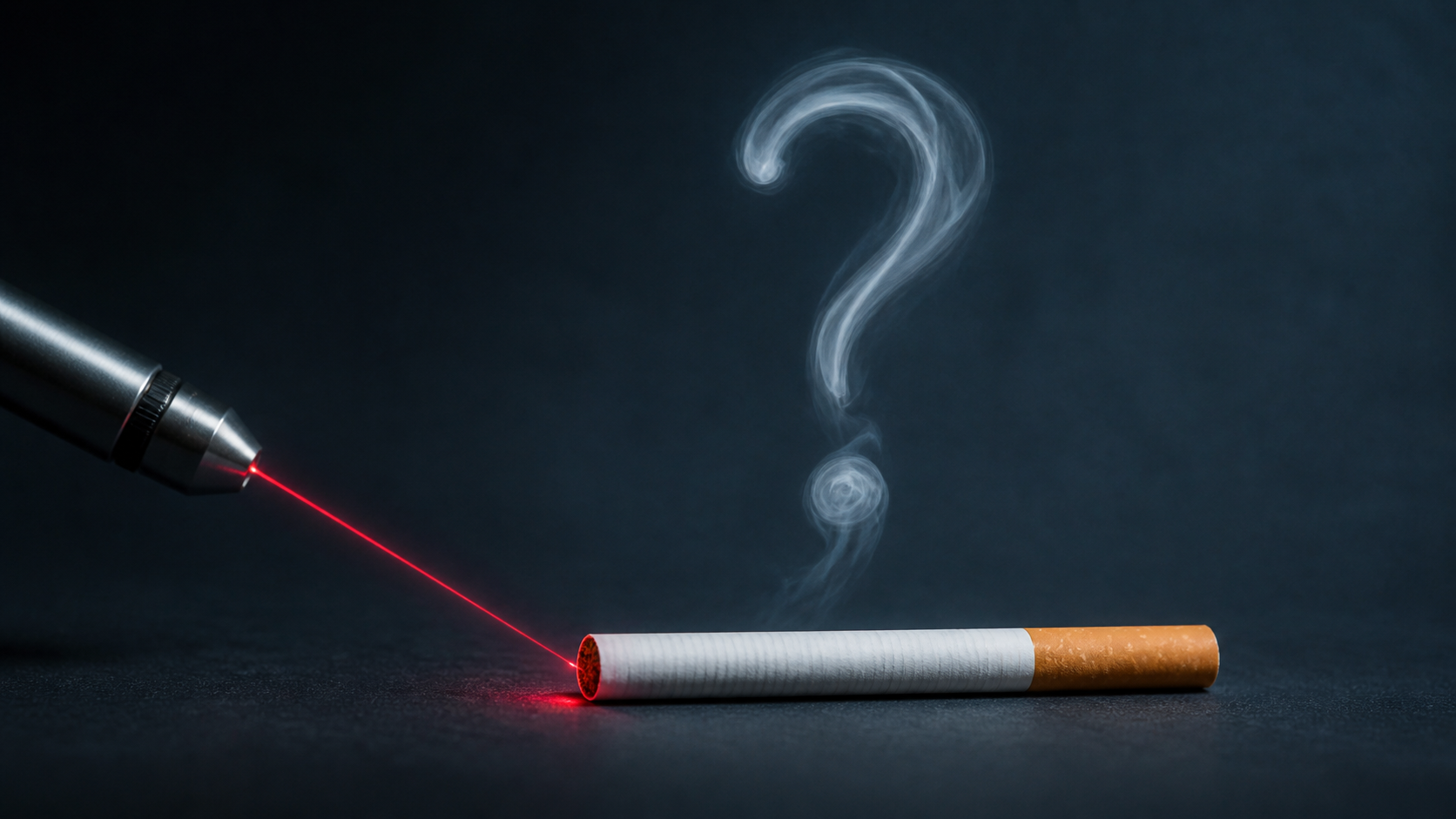Une cigarette non allumée, un faisceau laser rouge discret et un point d