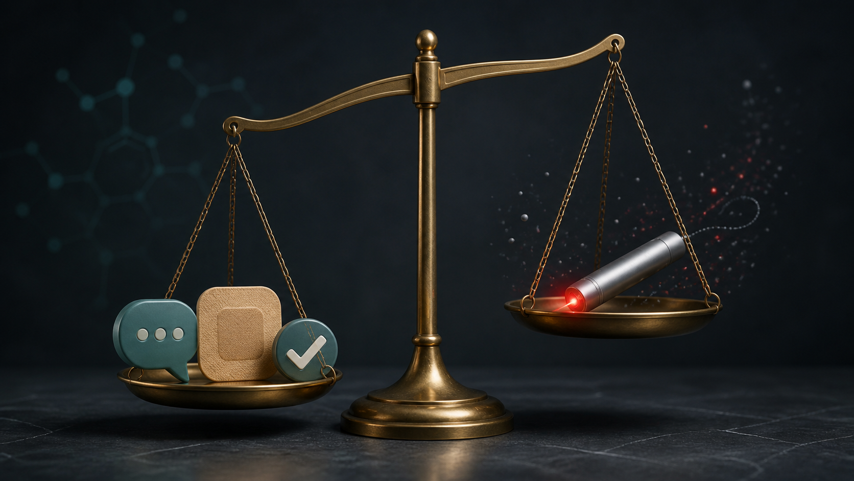 Une balance comparant des symboles de soutien validé à un appareil laser dont l