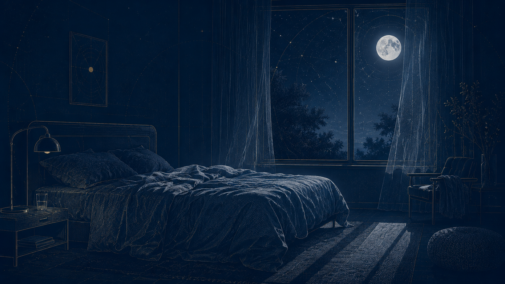 Illustration nocturne associant une personne endormie et la pleine Lune.