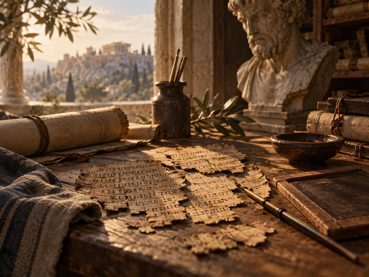 Antiphon, le sophiste qui inventa la psychologie. Papyrus grecs fragmentaires, rouleaux et buste antique sur une table d