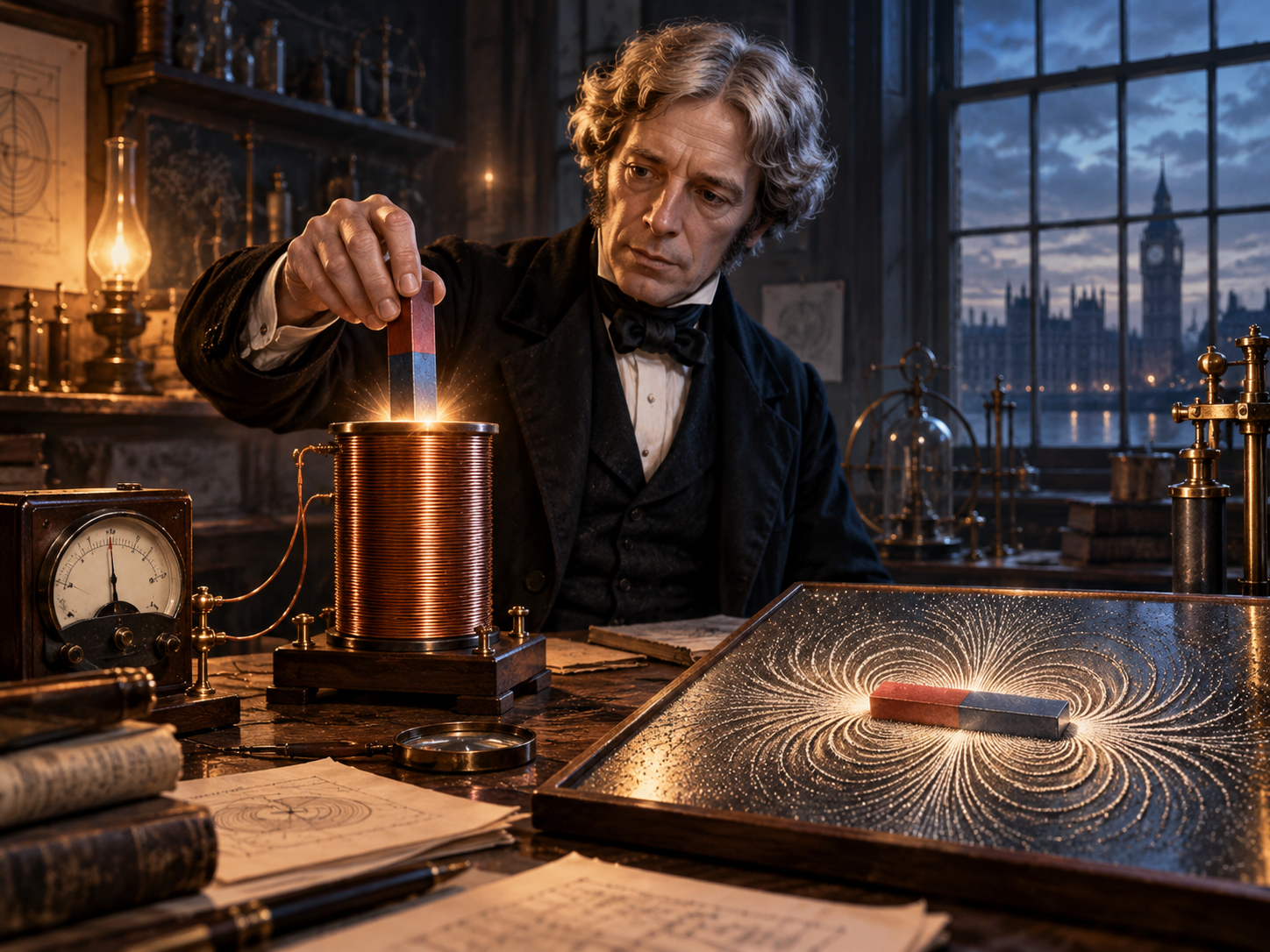 Faraday représenté avec un aimant et une bobine reliée à un galvanomètre ; à côté, de la limaille dessine des courbes autour d’un autre aimant.