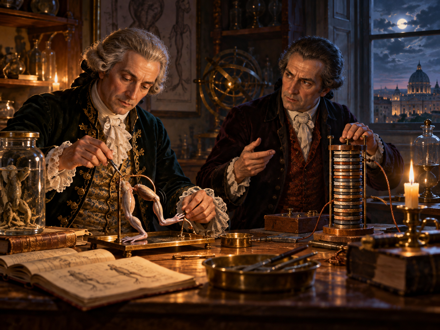 Scène imaginaire réunissant Galvani près d’une grenouille et Volta auprès d’une pile composée de disques métalliques.