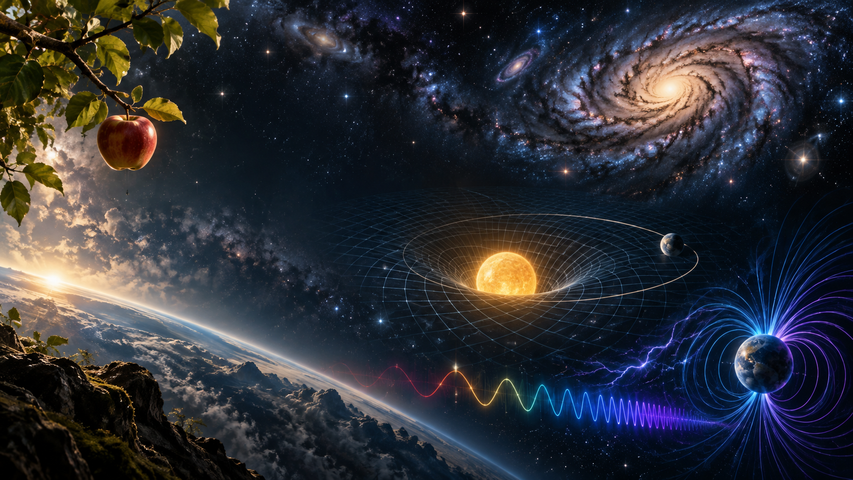 Composition cosmique associant une pomme, des galaxies, le Soleil, la Terre et des représentations de champs et d’ondes.