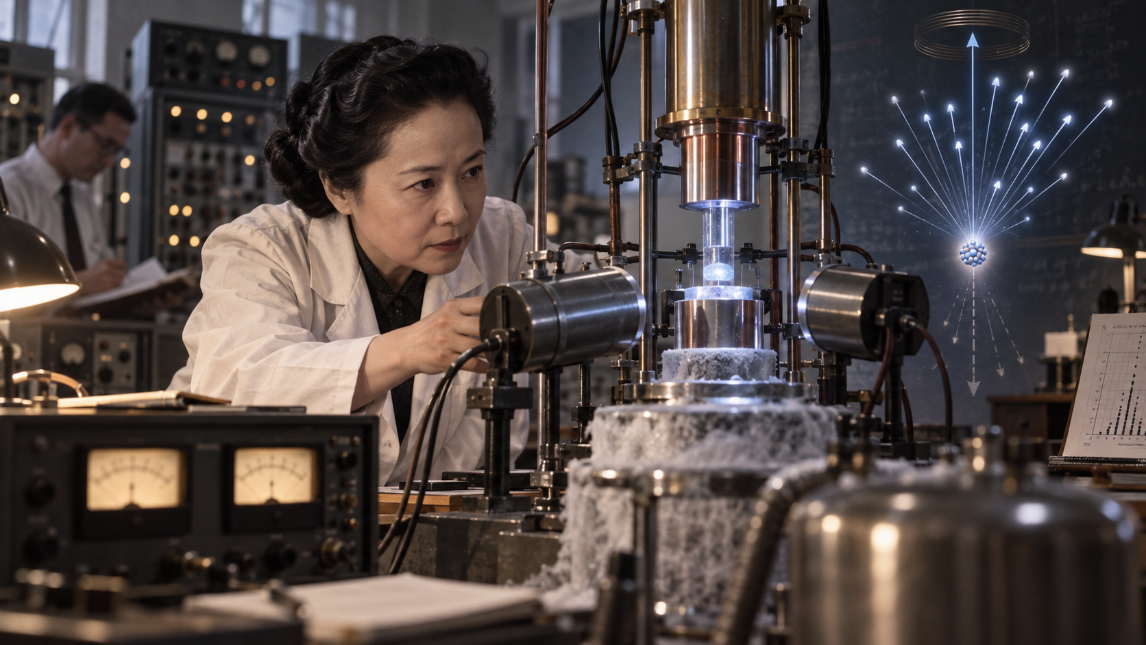 Illustration de la physicienne Chien-Shiung Wu réalisant son expérience sur la violation de la parité