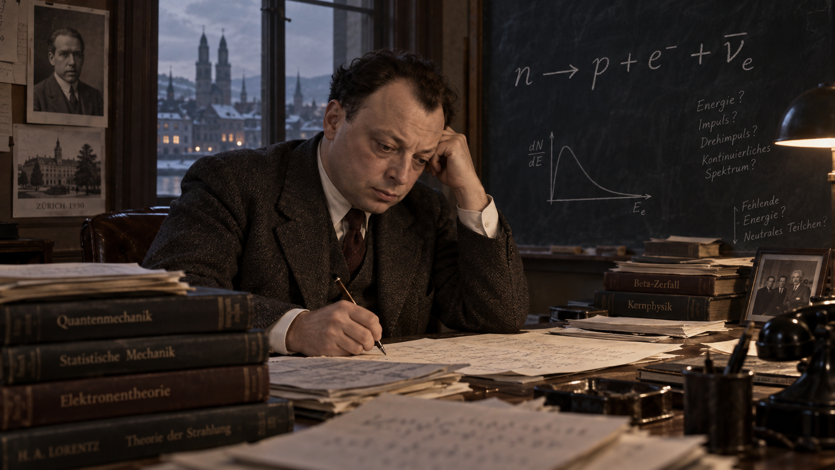 Illustration de Wolfgang Pauli travaillant sur le problème de l