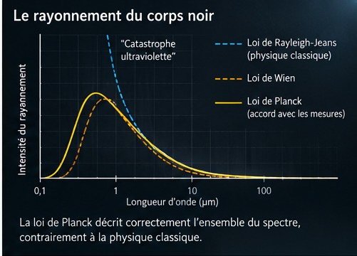 Max Planck : l’équation qui a fait dérailler la physique classique Comparaison entre les lois de Wien, Rayleigh-Jeans et Planck