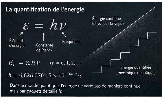 Max Planck : l’équation qui a fait dérailler la physique classique Quantification de l’énergie avec epsilon égale h nu