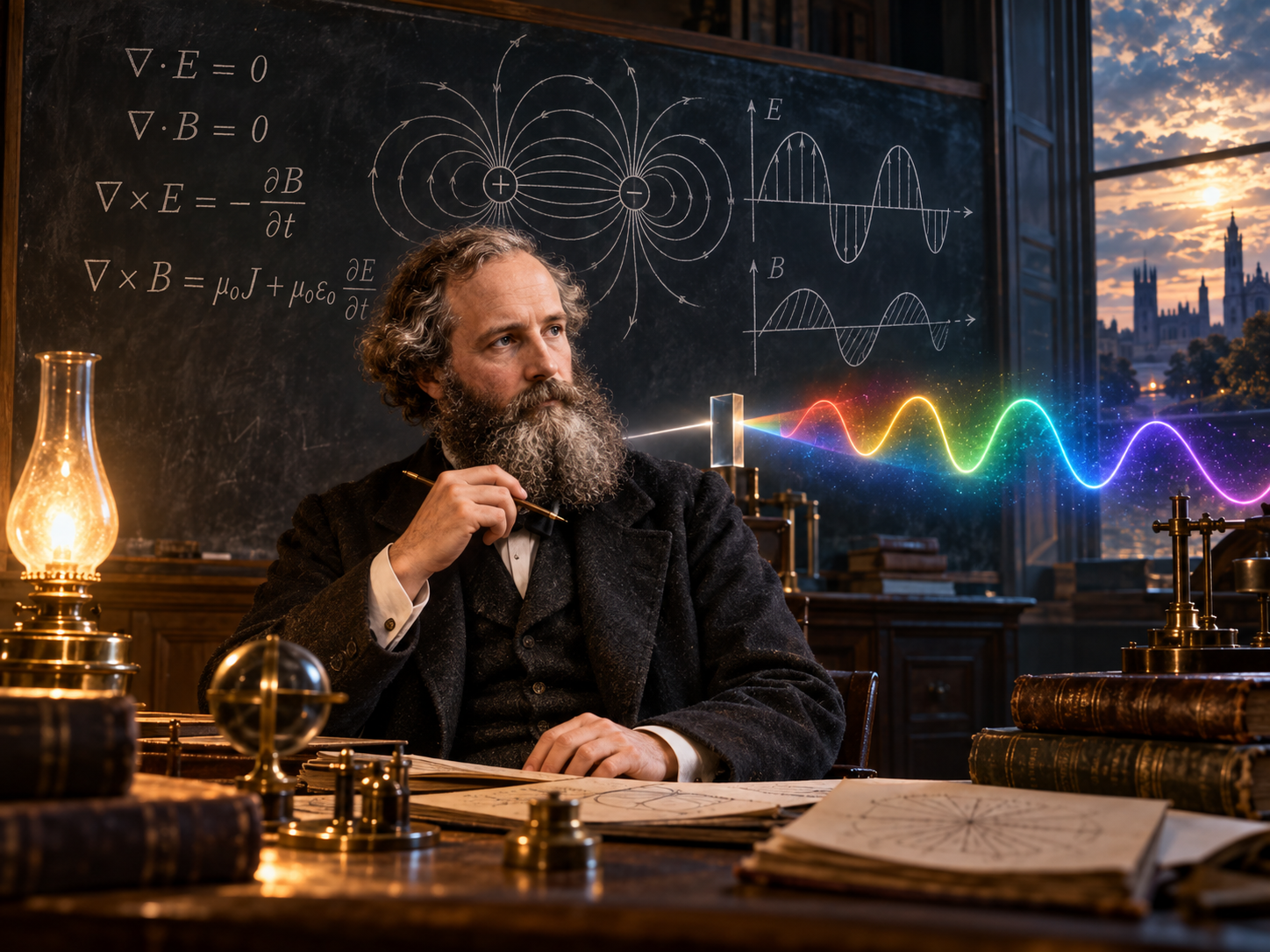 Maxwell représenté devant un tableau portant des équations et des dessins de champs, avec une onde lumineuse multicolore au premier plan.