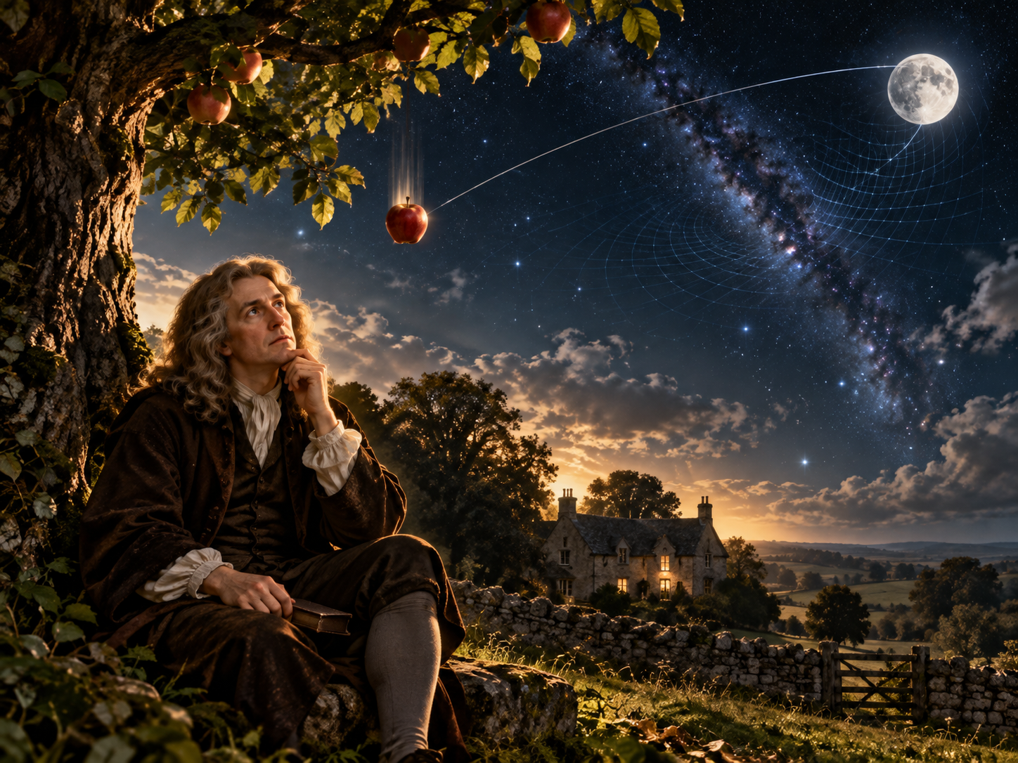 Newton imaginé sous un pommier à Woolsthorpe, une pomme en chute et la Lune reliées par une ligne symbolique dans le ciel.