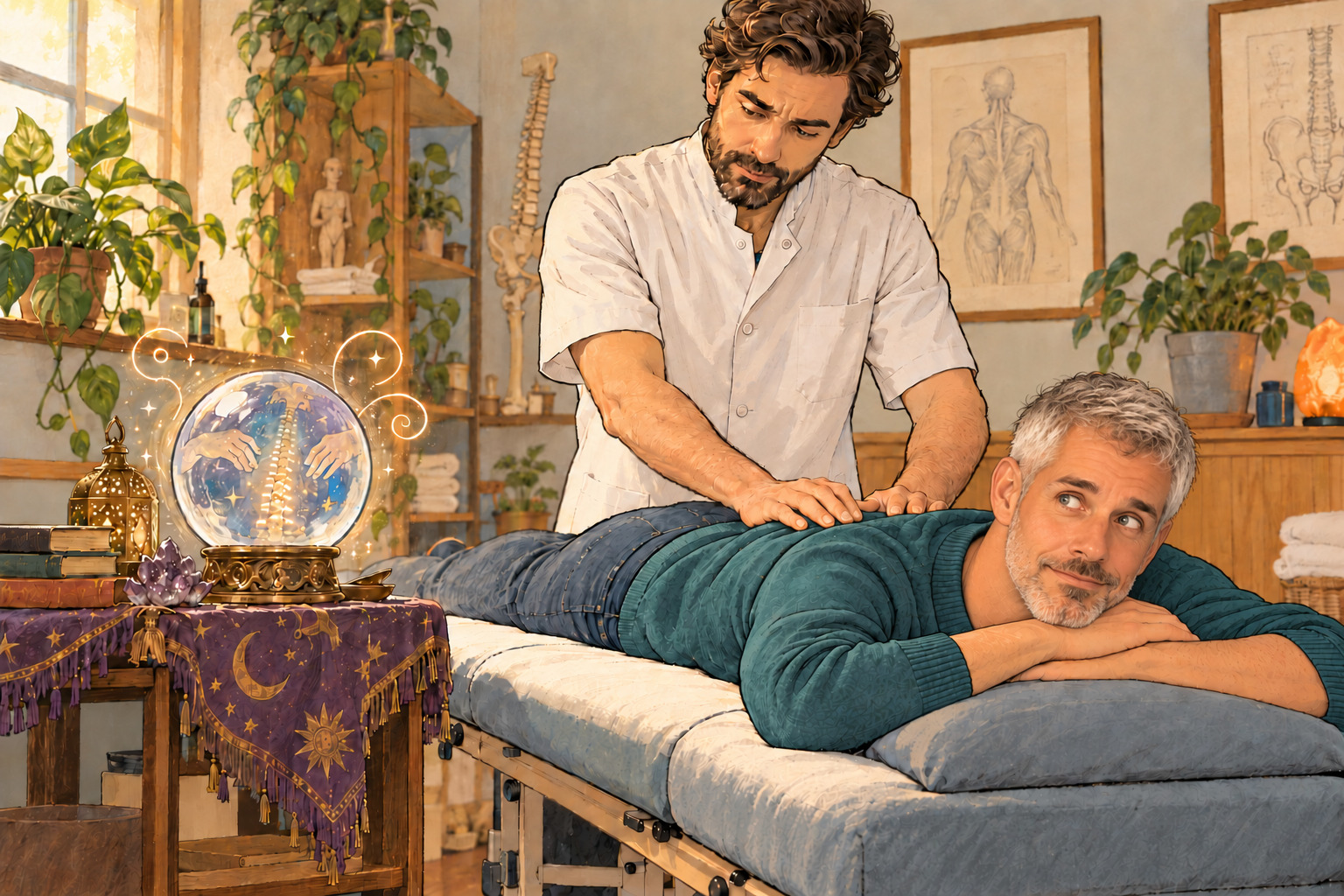 Illustration humoristique : un patient sceptique chez un ostéopathe, près d’une boule de cristal.