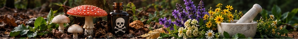 Plantes médicinales côtoyant un champignon toxique et un flacon de poison