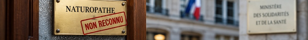 Plaque de naturopathe avec mention non reconnu devant un bâtiment administratif français