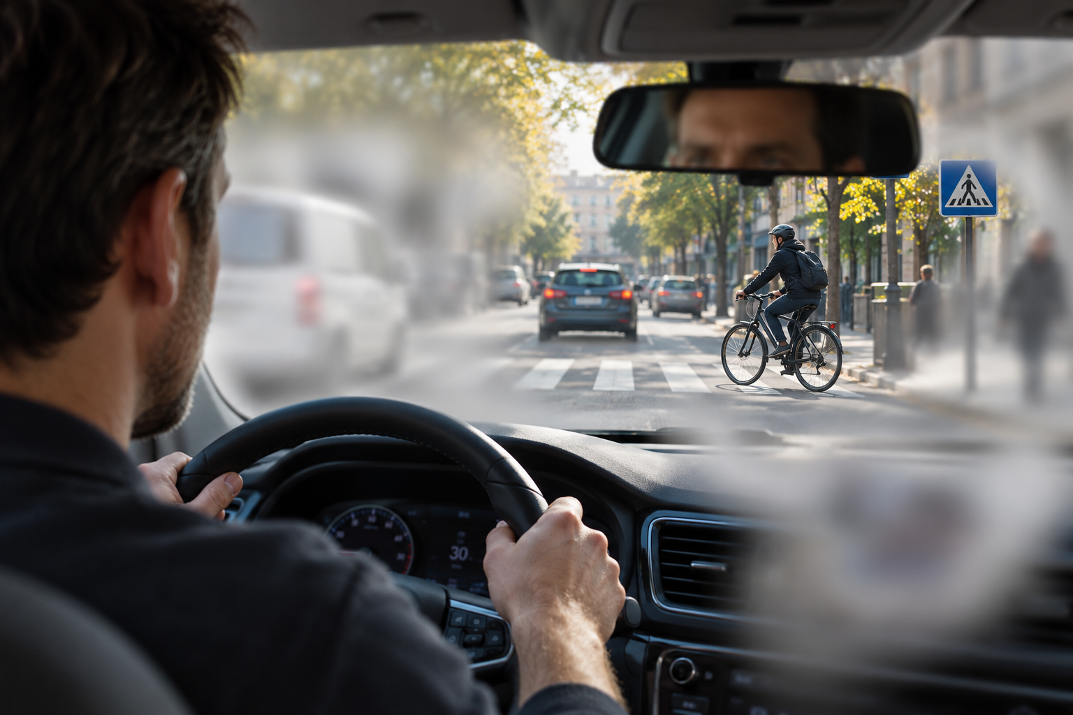 Sommes-nous plus stupides au volant ? Vue depuis une voiture : un cycliste traverse devant le conducteur, tandis que certaines zones du champ visuel sont floutées