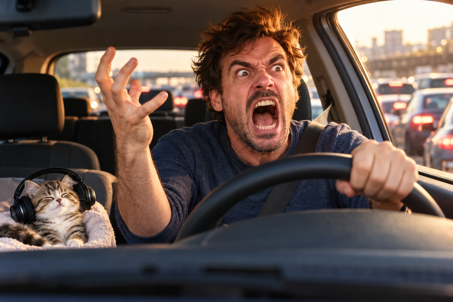 Sommes-nous plus stupides au volant ? Conducteur en colère dans les embouteillages, à côté d’un chat endormi portant un casque audio