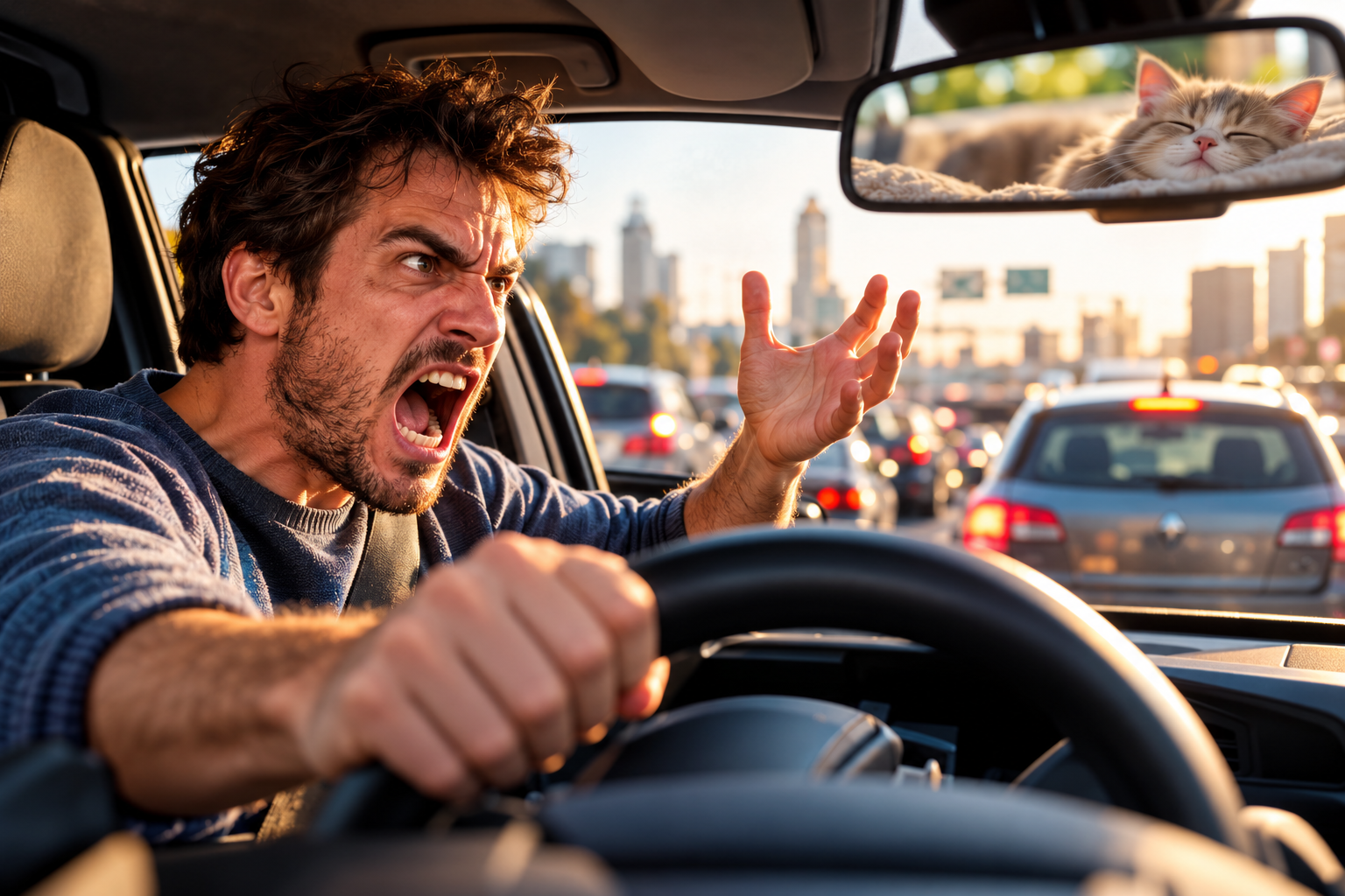 Sommes-nous plus stupides au volant ? Conducteur en colère dans les embouteillages, avec un chat endormi visible dans le rétroviseur