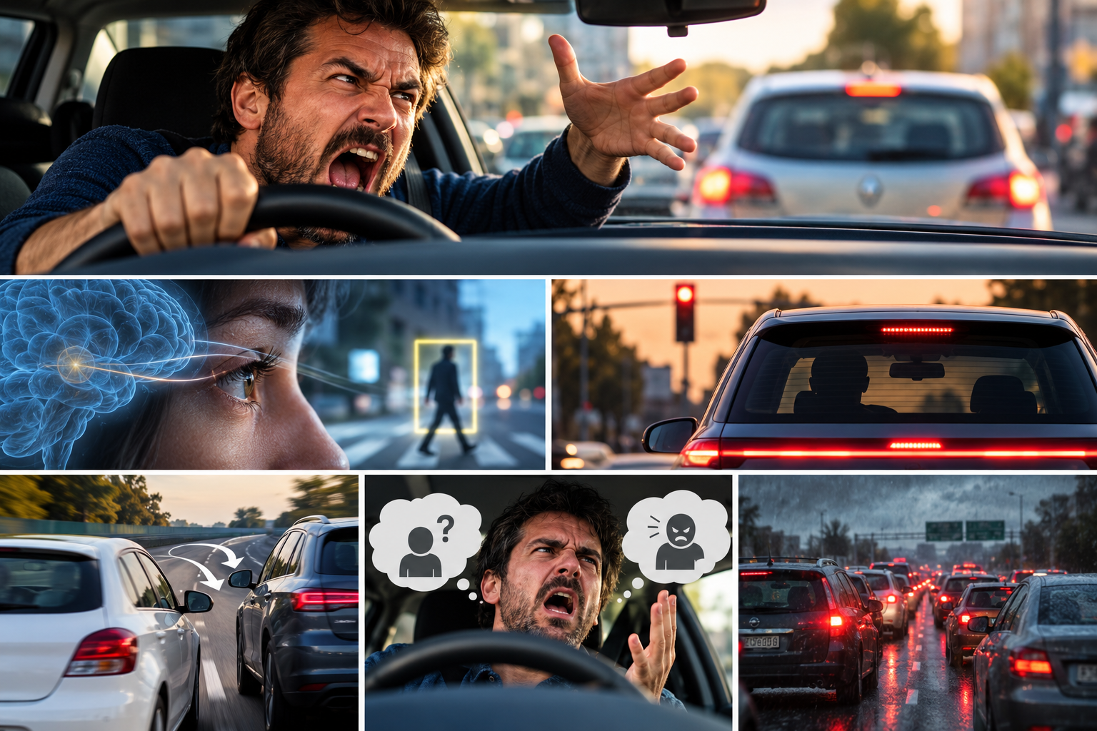 Sommes-nous plus stupides au volant ? Montage illustrant la colère au volant, l’attention visuelle, les changements de voie et les embouteillages